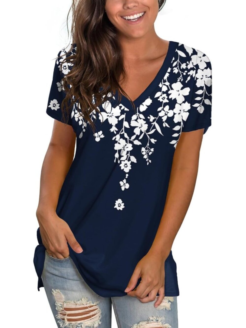 〽️Women Floral Basic V Neck Tee Loose Fitting Casual Short Sleeve Tops T Shirt